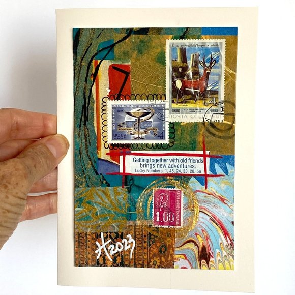 Getting Together Blank Greeting Card Original Handmade Collage Artwork Signed - Picture 1 of 6